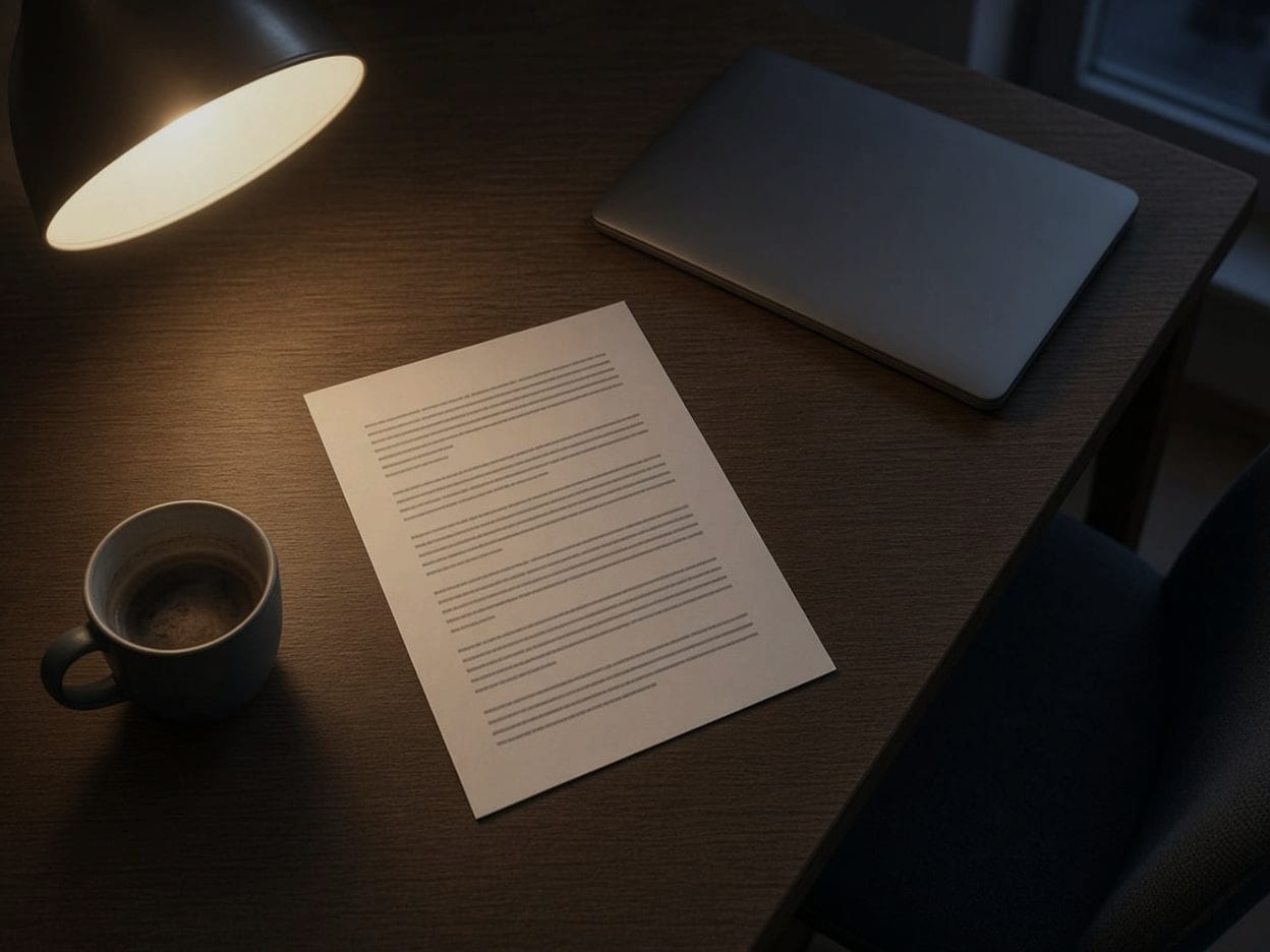 Candidate rehearsing interview notes alone at a desk at night